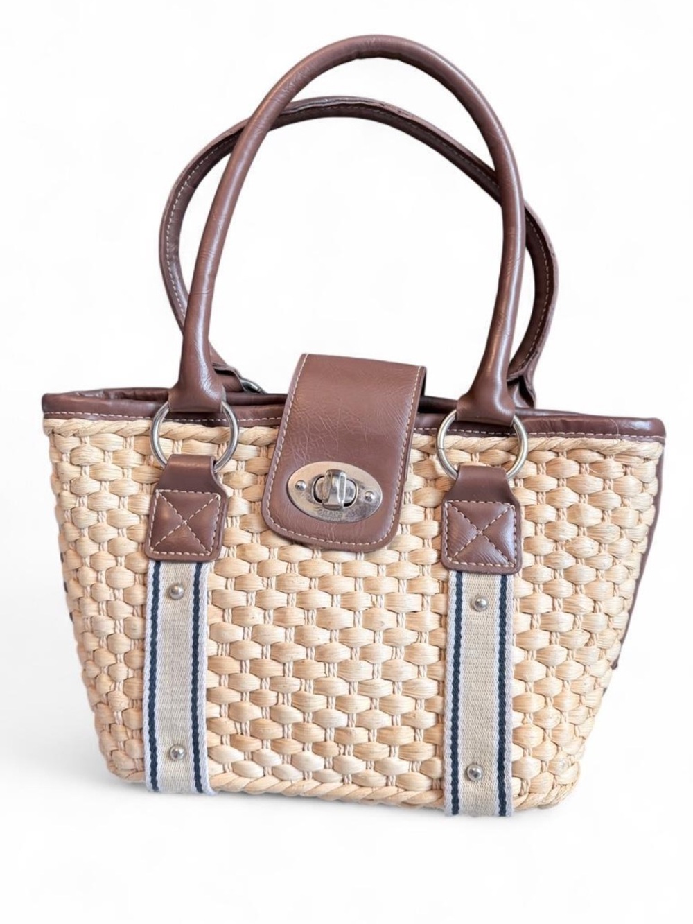 CHAPS Woven Straw Leather Shoulder Bag Brown Turn Lock Boho Coastal